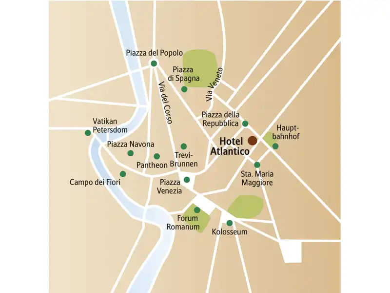 Der Stadtplan von Rom zeigt die wichtigsten Sehenswürdigkeiten, die wir auch auf der 6-tägigen Städtereise besuchen, sowie die zentrale Lage des Hotels Atlantico.