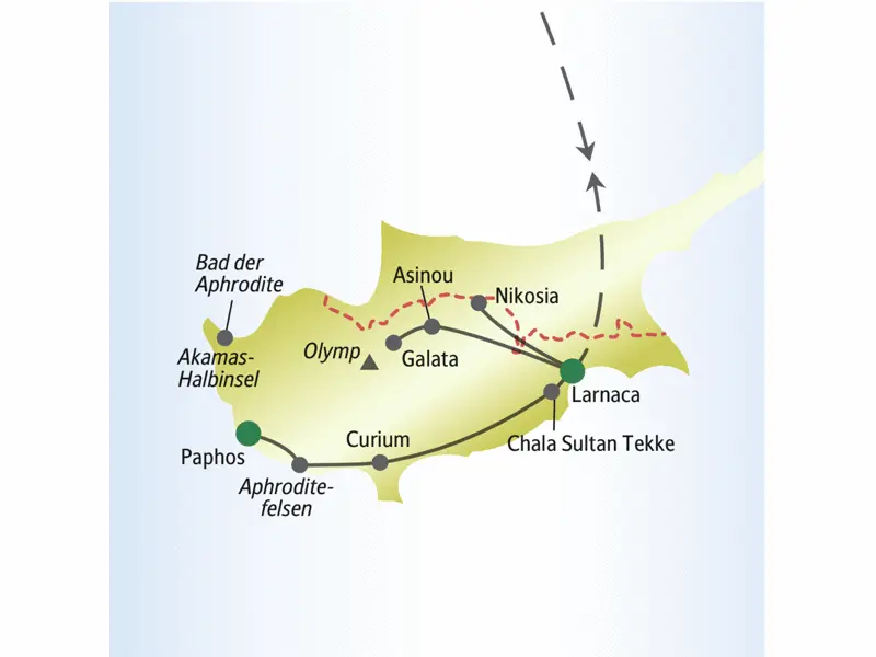 Die Hotelstandorte Ihrer me&more-Singlereise nach Zypern sind Larnaca und Paphos. Mehrere Ausflüge führen u. a. nach Nikosia, ins Troodosgebirge und zum Aphroditefelsen.