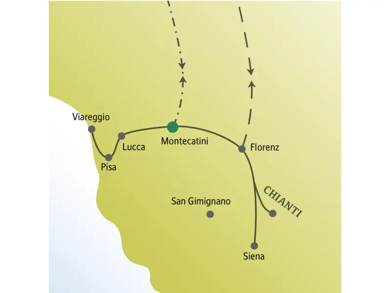 Die Karte der Toskana zeigt die Route der me & more-Reise, bei der wir von Montecatini aus die wichtigsten Höhepunkte der Region besuchen wie Viareggio, Siena oder Pisa.