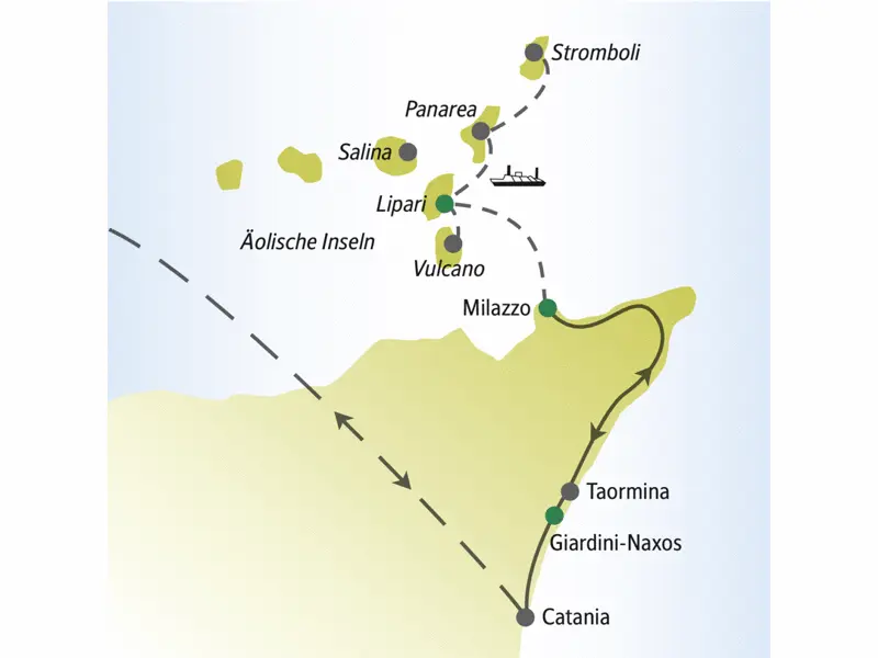 Ausgangspunkt unserer Singlereise in der Gruppe ist Catania. Von Milazzo aus setzen wir auf die Inseln Lipari, Vulcano, Panarea und Stromboli über. Auf Wunsch können Sie auch die Insel Salina besuchen.