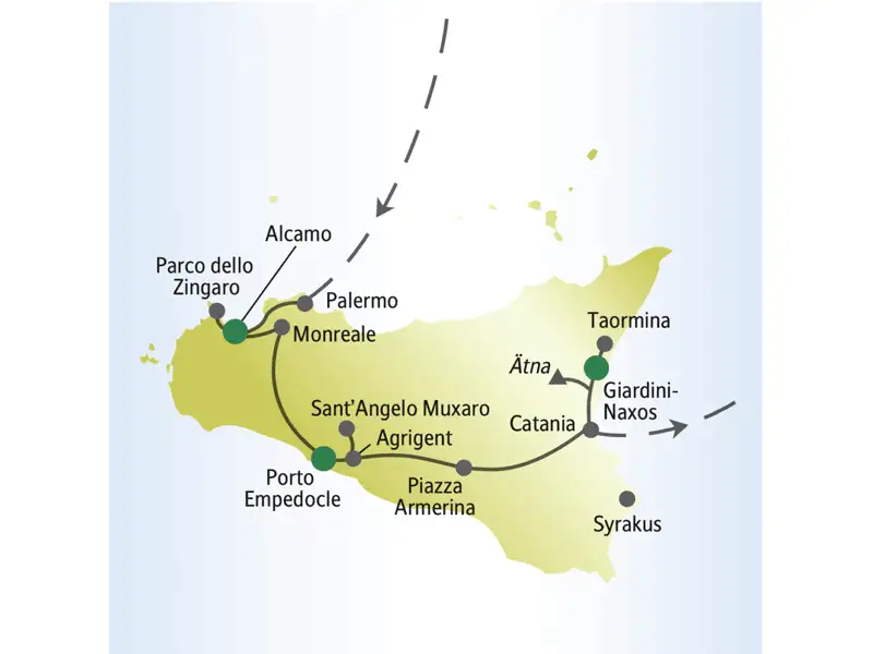 Die Studiosus-me&more-Reise für Singles und Alleinreisende nach Sizilien beginnt in Palermo und führt über Alcamo, Monreale, Porto Empedocle bis nach Catania.