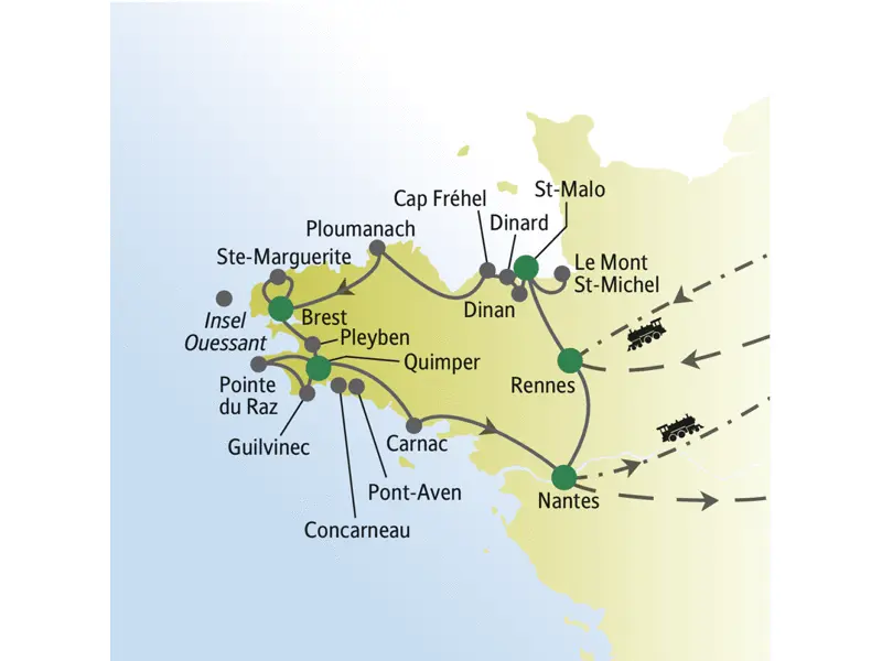 Unsere Reiseroute startet in Paris und führt über St-Malo, Brest, Quimper und Nantes zurück nach Paris.