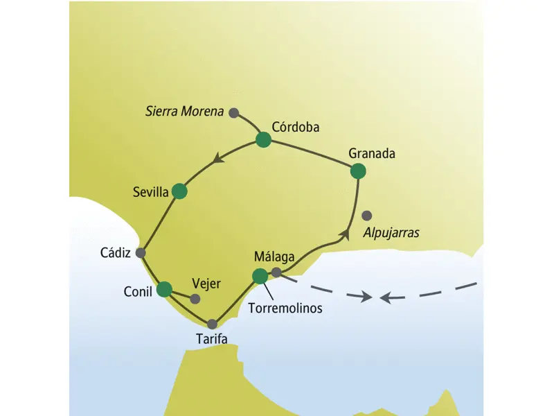 Die Stationen unserer Andalusienreise für Singles und Alleinreisende sind u.a. Torremolinos, Málaga, Granada, Córdoba, Sevilla, Cádiz und Conil.