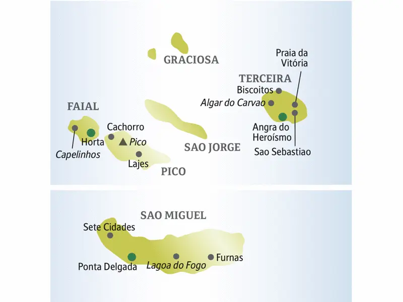 Die Karte zeigt Orte auf den Azoreninseln Sao Miguel, Terceira, Pico und Fayal, die wir auf unserer Reise für Singles und Alleinreisende besuchen: Ponta Delgada, Sete Cidades, Furnas, Angra do Heroismo Lajes, Horta.