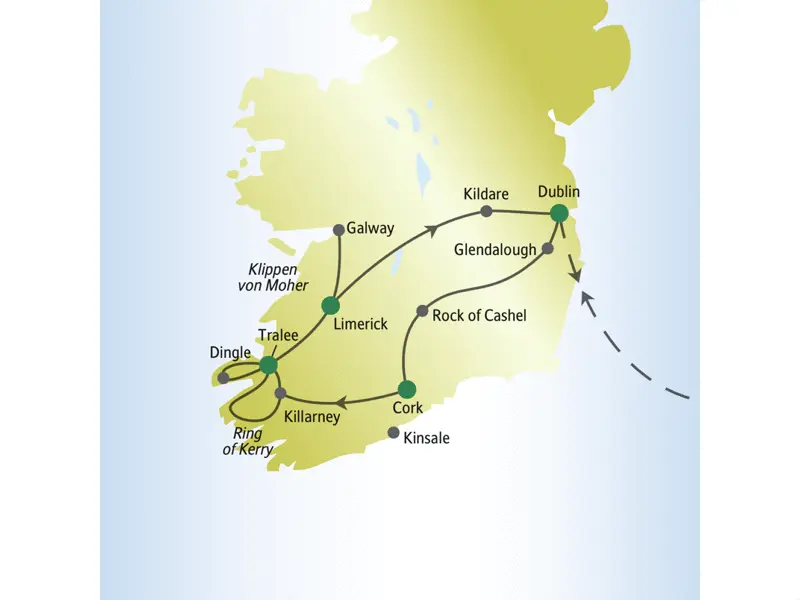 Die Karte zeigt den Verlauf unsrer Reise für Singles und Alleinreisende nach Irland: Dublin, Glendalough, Rock of Cashel, Cork, Killarney, Tralee, Dingle, Limerick, Klippen von Moher, Galway, Kildare.