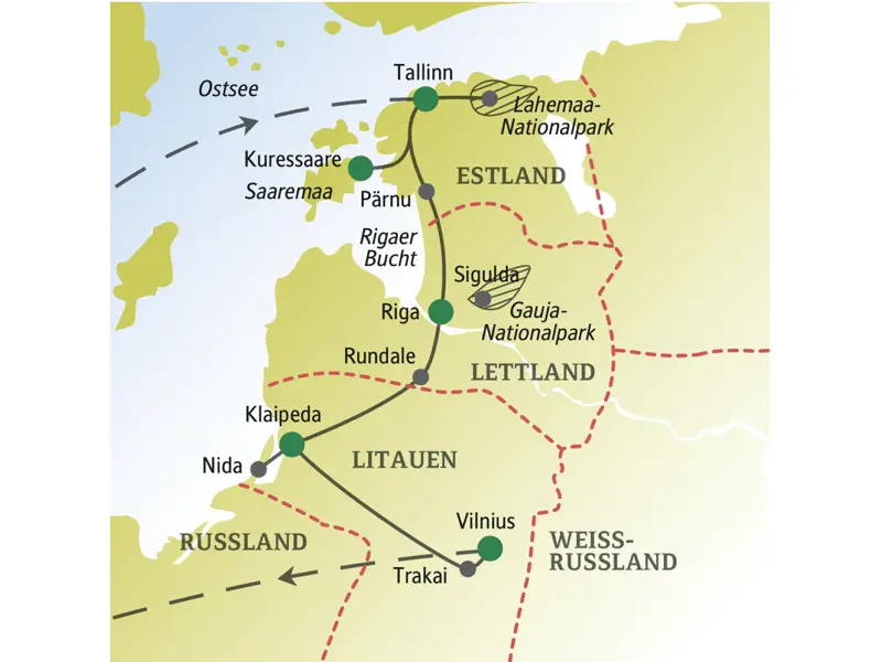 Unsere Reise für Singles und Alleinreisende durch das Baltikum startet in Estland und führt über Lettland nach Litauen mit den Stationen u.a. in den Hauptstädten Tallinn, Riga und Vilnius.