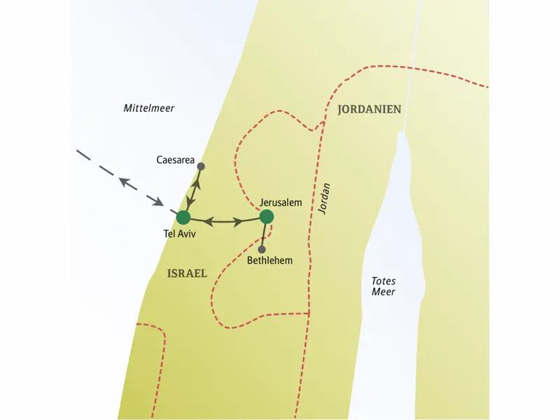 Unsere Reiseroute über Silvester für Singles und Alleinreisende führt uns nach Tel Aviv, Jerusalem, Caesarea und Bethlehem.