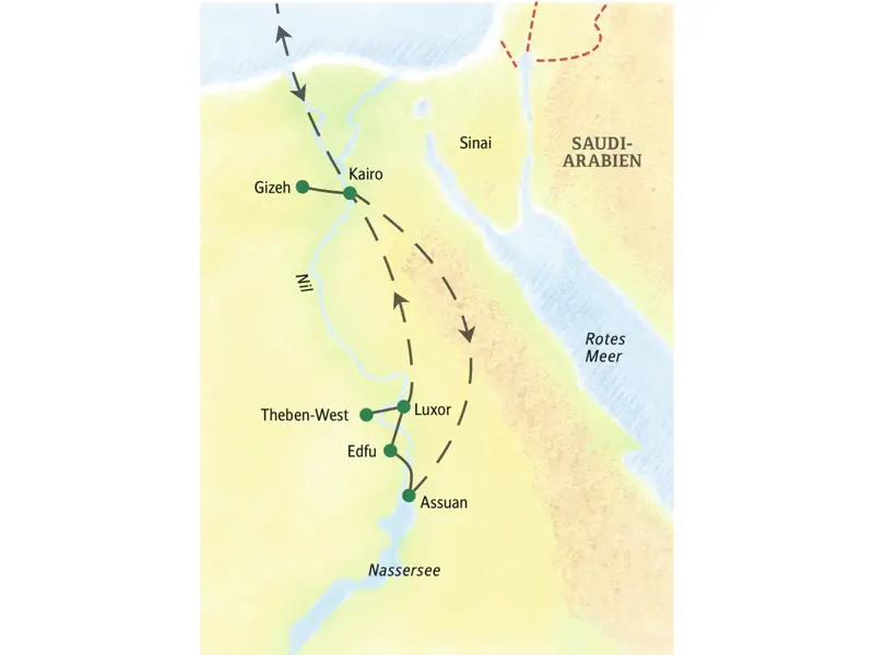 Die family-Reise von Studiosus nach Ägypten umfasst Aufenthalte in  Kairo, Gizeh, Assuan, Edfu, Luxor und Theben West.