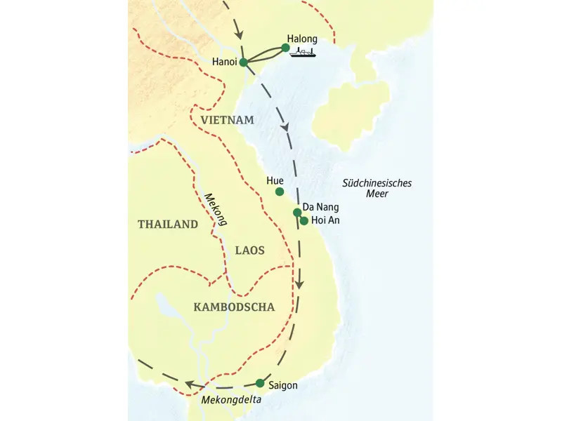 Wichtigste Stationen dieser 14-tägigen Familienreise mit Studiosus durch Vietnam: Hanoi, Halongbucht, Hoi An und Saigon.