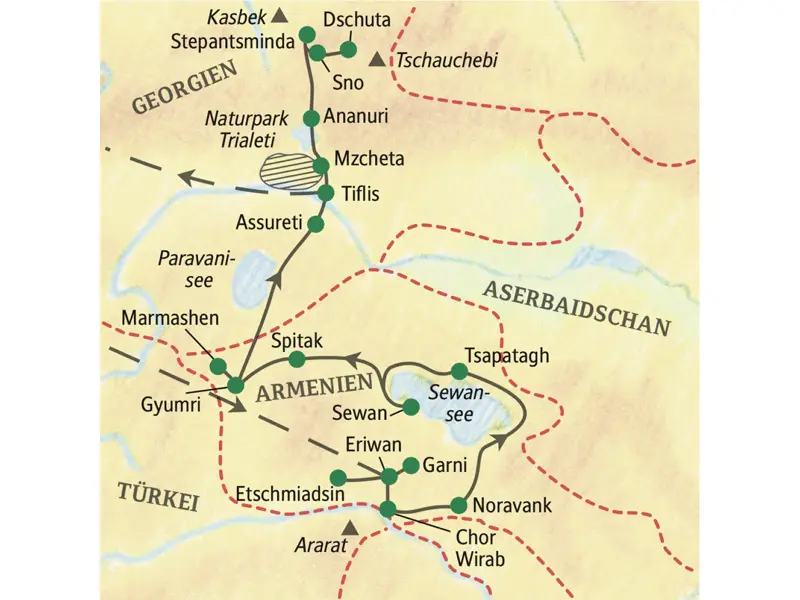 Unsere Reiseroute durch Armenien und Georgien startet in Eriwan und führt über Tsapatagh und Gyumri bis nach Tiflis. Auch Sewansee und Stepantsminda erleben wir auf unserer 14-tägigen Wander-Studienreise.