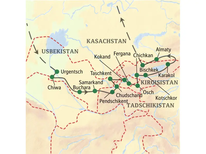 Die Karte zeigt den Verlauf unserer 19-tägigen Klassik-Studienreise durch Zentralasien: Urgentsch, Chiwa, Buchara, Samarkand, Pendschikent, Chudschand, Taschkent, Kokand, Fergana, Osch, Chichkan, Kotschkor, Almaty, Bischkek.