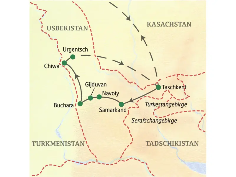 Verlauf der elftägigen Studienreise Usbekistan - Höhepunkte: Taschkent, Samarkand, Buchara, Chiwa, Taschkent.