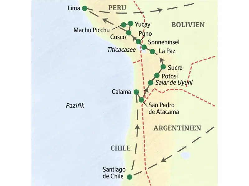 Unsere Reiseroute durch drei südamerikanische Länder startet in Santiago de Chile und führt über San Pedro, den Salzsee Salar de Uyuni, Potosí, Sucre, La Paz, den Titicacasee, Puno, Cusco und das Heilige Tal bis in die peruanische Hautpstadt Lima.