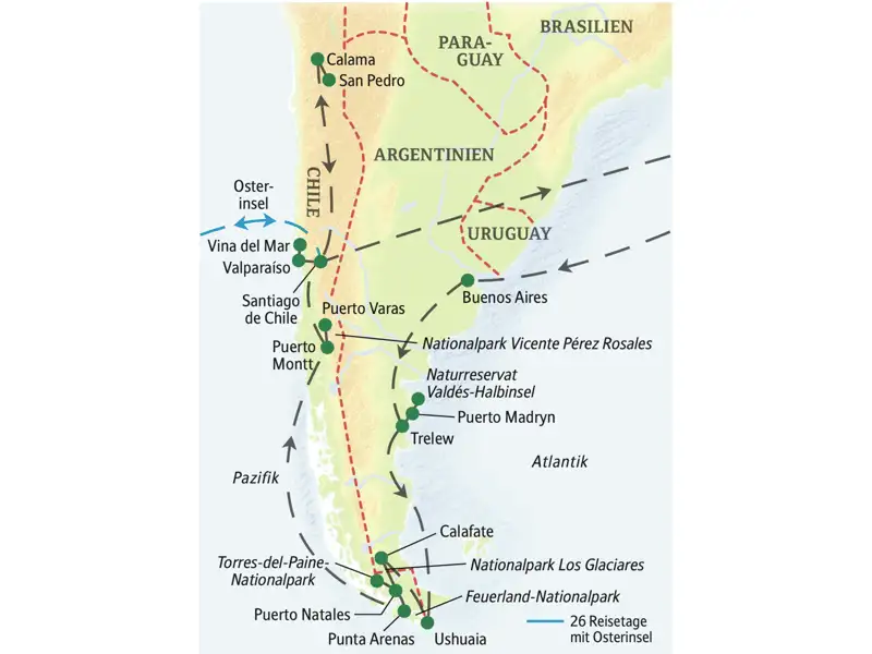 Mit Studiosus im Süden Chiles und Patagonien wandern: Vulkane, Bioreservat Huilo Huilo, Nationalpark Torres del Paine, Cerro-Torre-Basislager, Feuerland, Perito-Moreno-Gletscher und vieles mehr. Auf dieser Reise erkunden Sie zu Fuß in 22 Tagen die schönsten Nationalparks im Süden Chiles und "das Ende der Welt" in Feuerland.