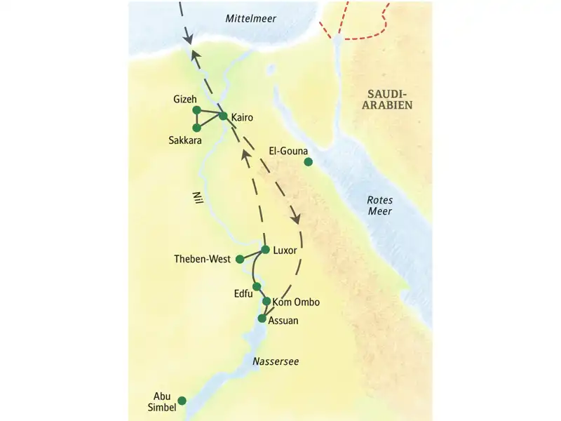 Während der Studienreise durch Ägypten auf klassischer Route kommen wir unter anderem nach Kairo, Gizeh, Sakkara, Luxor, Theben-West, Edfu, Kom Ombo und Assuan.