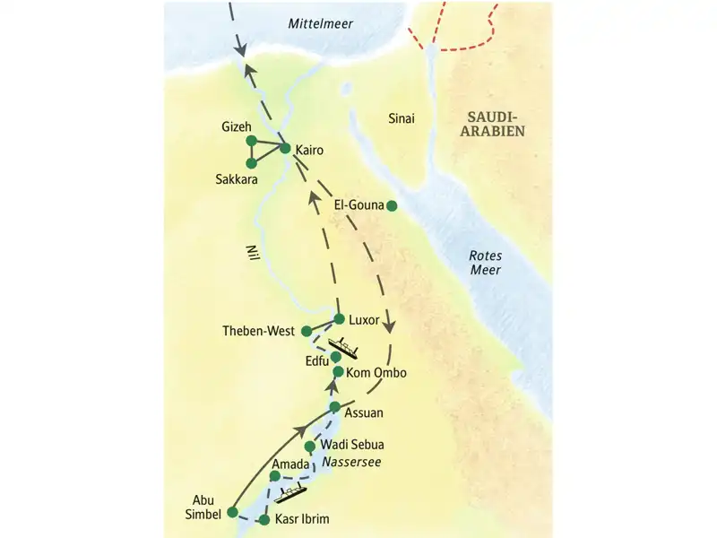 Stationen der 14-tägigen Kreuzfahrt-Studienreise Ägypten - Nassersee, Nil und Kairo sind Assuan, Abu Simbel, Kom Ombo, Edfu, Luxor, Gizeh und Sakkara.