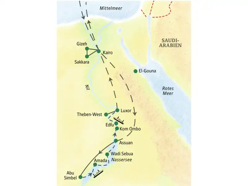 Auf unserer Kreuzfahrt-Studienreise folgen auf die Erkundung Kairos zwei je dreitägige Kreuzfahrten auf dem Nassersee und auf dem Nil.
