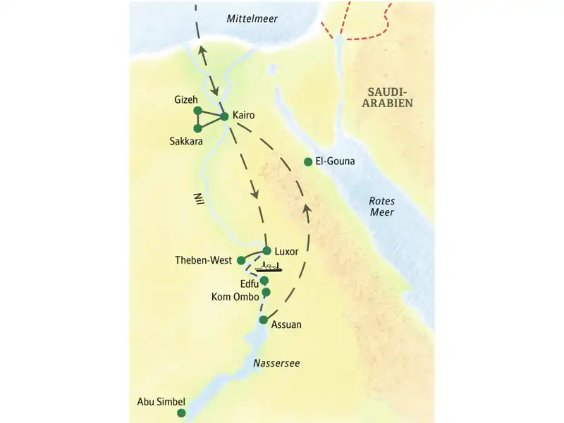 Auf der Studienreise Ägypten - Höhepunkte mit Nilkreuzfahrt kommen Sie nach Kairo, Gizeh, Sakkara, Luxor, Theben-West, Edfu, Kom Ombo und Assuan.