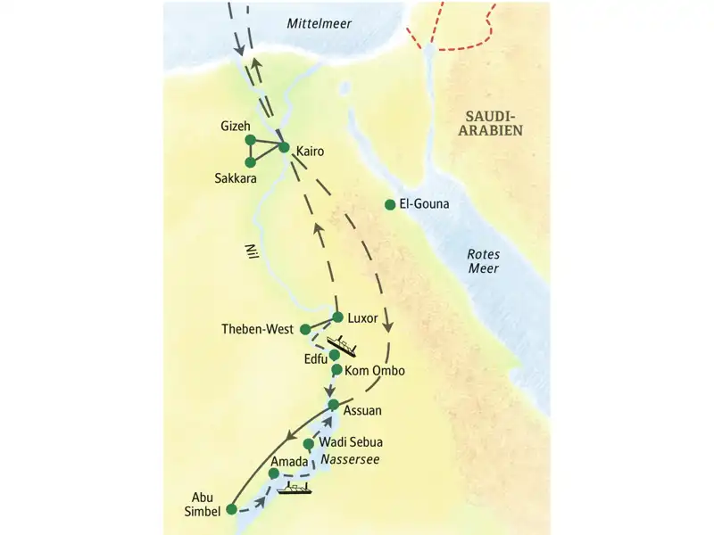 Auf Ihrer 11-tägigen Kreuzfahrt-Studienreise Ägypten - Nassersee, Luxor und Kairo kommen Sie unter anderem nach Luxor, Kom Ombo, Assuan, Abu Simbel, Kairo, Gizeh und Sakkara.