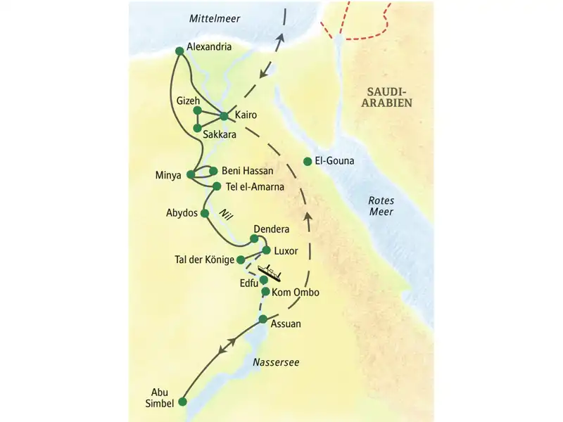 Die Route unserer Studienreise durch Ägypten führt am Nil entlang von Kairo über Luxor nach Assuan. Wir sehen auch Abu Simbel.