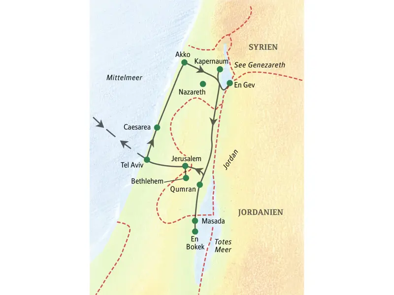 Unsere Reiseroute führt von Tel Aviv über die alte Kreuzfahrerstadt Akko, den See Genezareth bis nach Jerusalem.