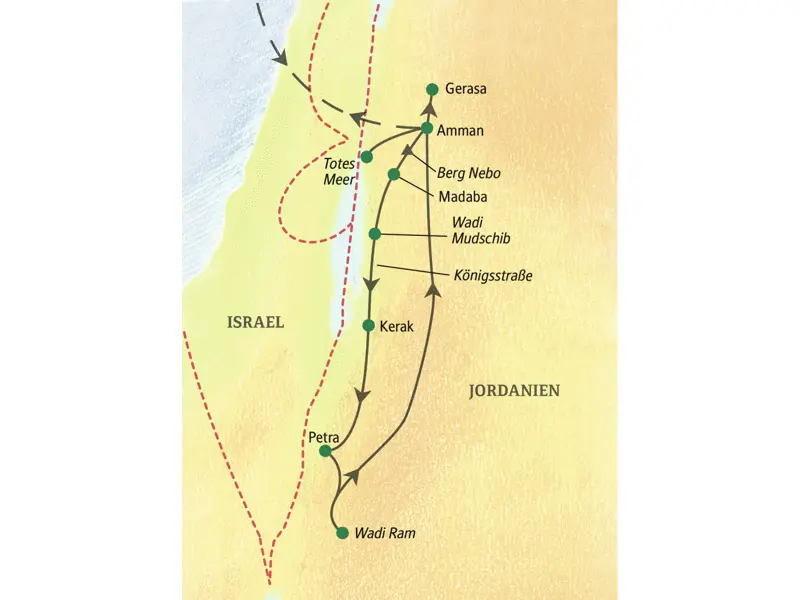 Eine kompakte Studienreise zu den Höhepunkten Jordaniens: in einer Woche Amman, Gerasa, Totes Meer, Petra und zum Abschluss eine Jeepsafari im Wadi Ram.