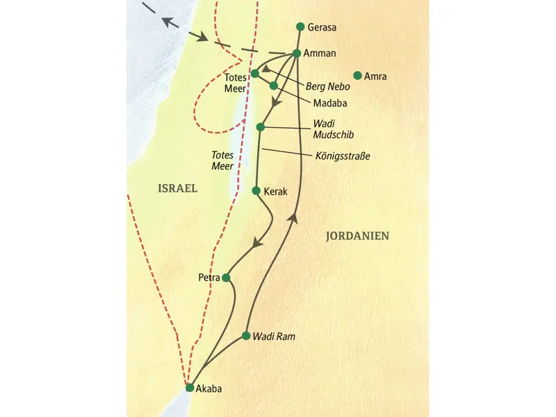 Unsere Reiseroute durch Jordanien führt von Amman über Kerak, Petra und Akaba zurück nach Amman.