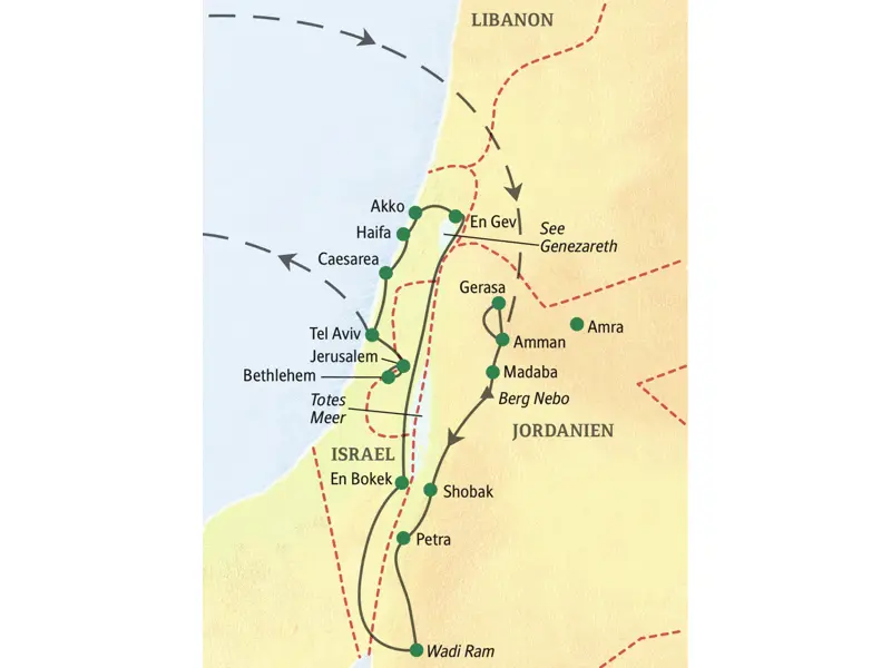 Die Reiseroute der Studiosusreise "Klassik: Jordanien- Israel umfassen erleben".