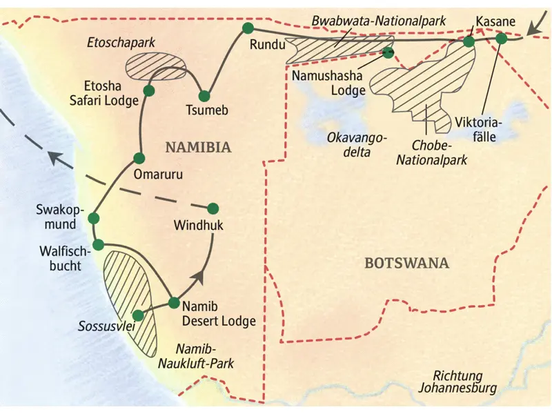 Die Studienreise durch Namibia führt von den Viktoriafällen über den Chobe-Nationalpark, Tsumeb, Swkopmund und das Sossusvlei, den Caprivistreifen bis nach Windhuk.