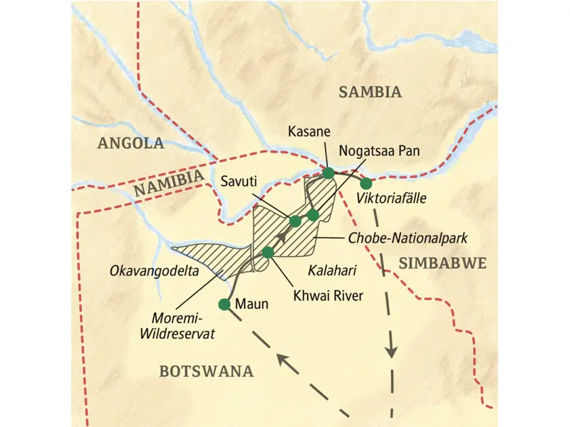 Unsere Studienreise beginnt in Maun, führt von Camp zu Camp auf Safari durch Botswana mit Chobe-Nationalpark. Grandioses Finale dieser Rundreise sind die Viktoriafälle.