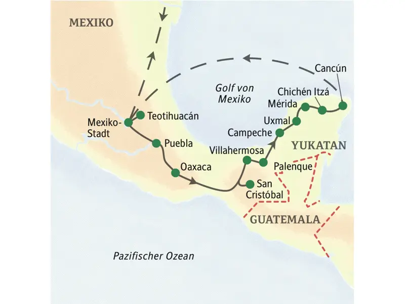 Die Reiseroute unserer 16-tägigen Studienreise durch Mexiko führt über Puebla, Oaxaca und San Cristóbal bis auf die Halbinsel Yukatan und dort über Uxmal und Chichén Itzá bis nach Cancún.