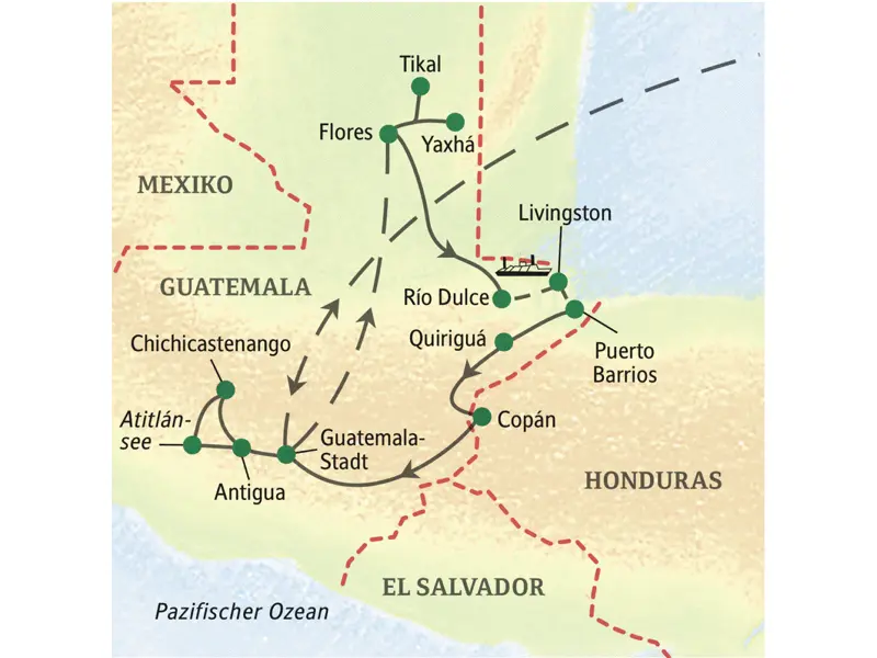 Unsere Studienreise durch Guatemala startet in Antigua, führt zum Atitlánsee, nach Chichicastenango, Tikal und Livingston sowie mit einem Abstecher nach Copán in Honduras in die Hauptstadt Guatemala-Stadt.