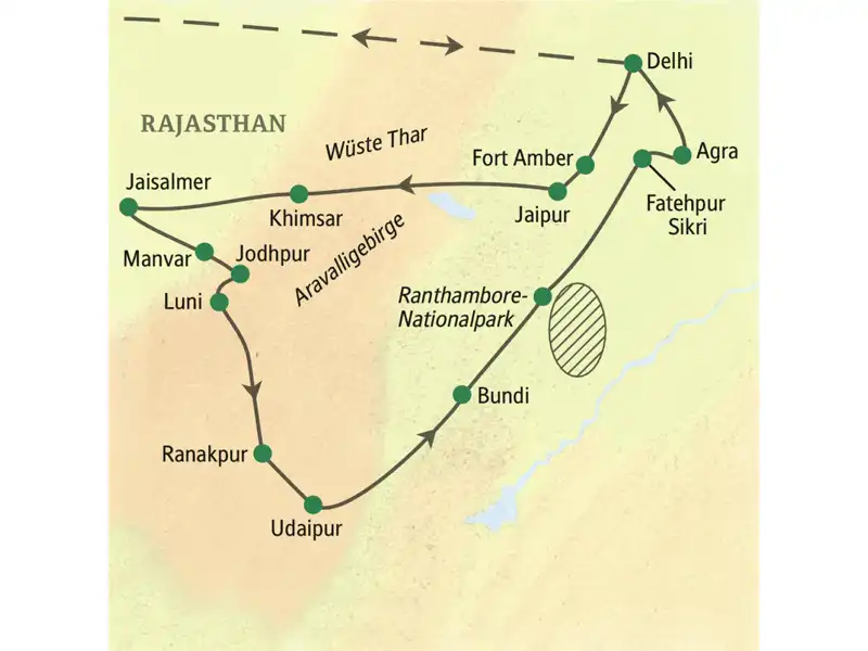 Die Karte zeigt den Verlauf der Studienreise Rajasthan - mit Flair: Delhi, Jaipur, Khimsar, Jaisalmer, Jodhpur, Luni, Ranakpur, Udaipur, Bundi, Ranthambore-Nationalpark, Fatehpur Sikri, Agra.