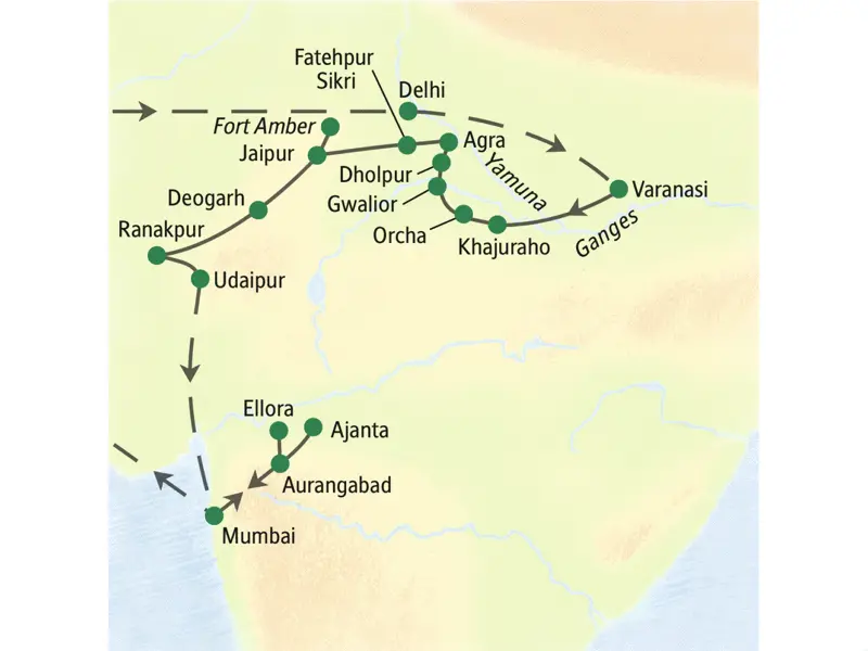 Die Karte zeigt die Route unserer Klassik-Studienreise Indien - Höhepunkte: Delhi, Varanasi, Khajuraho, Orcha, Gwalior, Dholpur, Agra, Fatehpur Sikri, Fort Amber, Jaipur, Deogarh, Ranakpur, Udaipur, Aurangabad, Ellora, Ajanta, Mumbai.