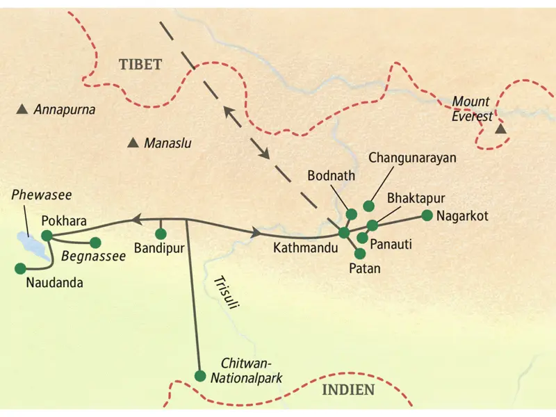 Die Karte zeigt den Verlauf unserer Studienreise Nepal - am Thron der Götter: Kathmandu, Chitwan-Nationalpark, Pokhara, Begnassee, Naudanda, Bandipur, Patan, Bodnath, Bhaktapur, Nagarkot, Panauti