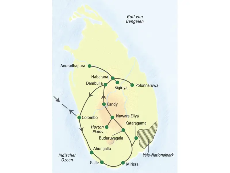 Die Reiseroute dieser von Colombo überKataragama und Habarana wieder zurück nach Colombo.