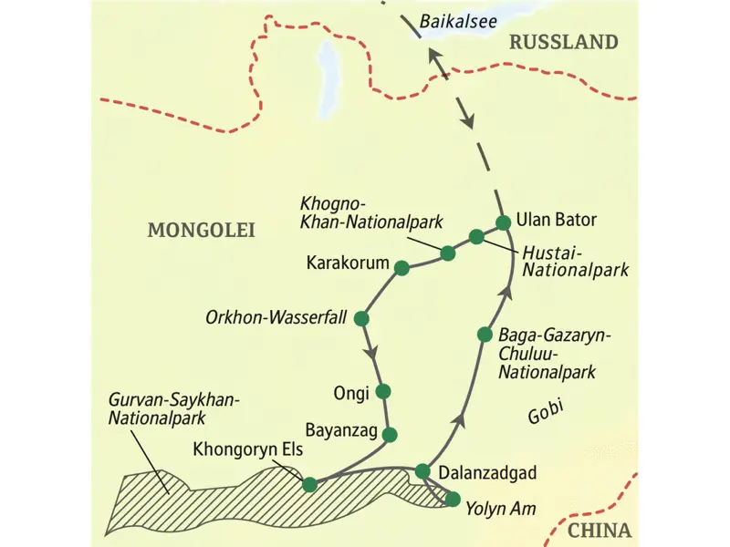 Die spannende Route dieser Expeditionsreise beginnt in der mongolischen Hauptstadt Ulan Bator, führt dann in den Süden zur Gobi und in den Gurvan-Saykhan-Nationalpark, später ins Orkhon-Tal und ins legendenumwobene Karakorum.