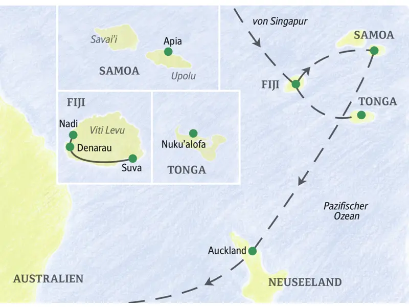 Diese Studienreise in die Südsee führt uns auf die Inseln Fiji, Samoa, Tonga und nach Auckland.