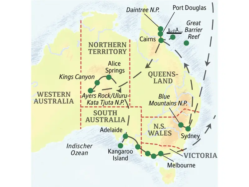 Die Karte zeigt den Verlauf der Australienreise mit Fokus auf die Natur des Landes: Sydney, Blue Mountains, Cairns, Great Barrier Reef, Daintree Nationalpark, Ayers Rock, Kings Canyon, Alice Springs, Adelaide, Kangaroo Island, Melbourne