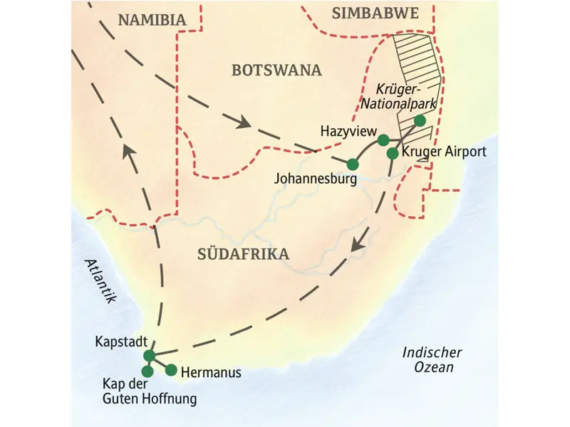 Die Familienreise Südafrika führt von Johannesburg zum Krügerpark. Nach ausführlichen Safaritagen fliegen wir nach Kapstadt und versuchen zu den Big Five auch noch Wale zu entdecken.