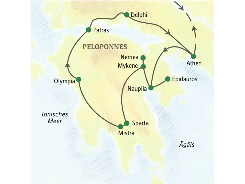 Unsere Reiseroute durch Griechenland startet in Athen und führt über Nauplia, Epidauros, Mykene, Sparta, Mistra, Olympia und Delphi zurück nach Athen.