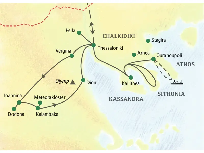 Unserer Reiseroute durch Nordgriechenland führt über Thessaloniki, Pella, Vergina, Ioannina, Dodona und Dion zu den Meteoraklöstern. Auch die Chalkidiki-Halbinsel erleben Sie auf dieser Studienreise.