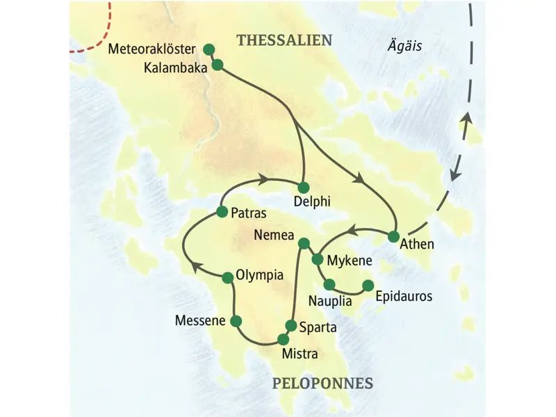 Reiseroute der klassischen Rundreise ab und bis Athen mit den Sehenswürdigkeiten: Mykene, Olympia, Delphi und Meteora. Die Studienreise gibt Ihnen einen umfassenden Einblick in die Highlights von Griechenland.