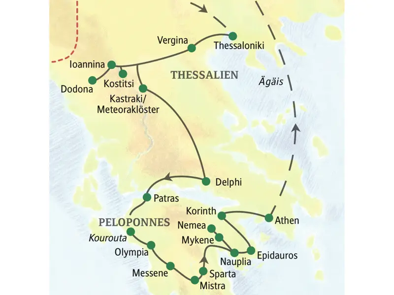 Wichtigste Stationen dieser Rundreise durch Griechenland: Thessaloniki, Vergina, Ioannina, Dodona, Meteoraklöster, Delphi, Olympia, Messene, Mistra, Mykene, Epidauros, Nauplia, Athen.