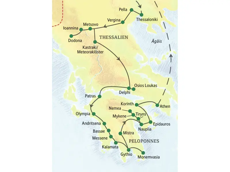 Die Reiseroute unserer klassischen Studienreise führt von Thessaloniki u.a. über Dodona, die Meteoraklöster, Delphi, Olympia, Nauplia bis nach Athen.