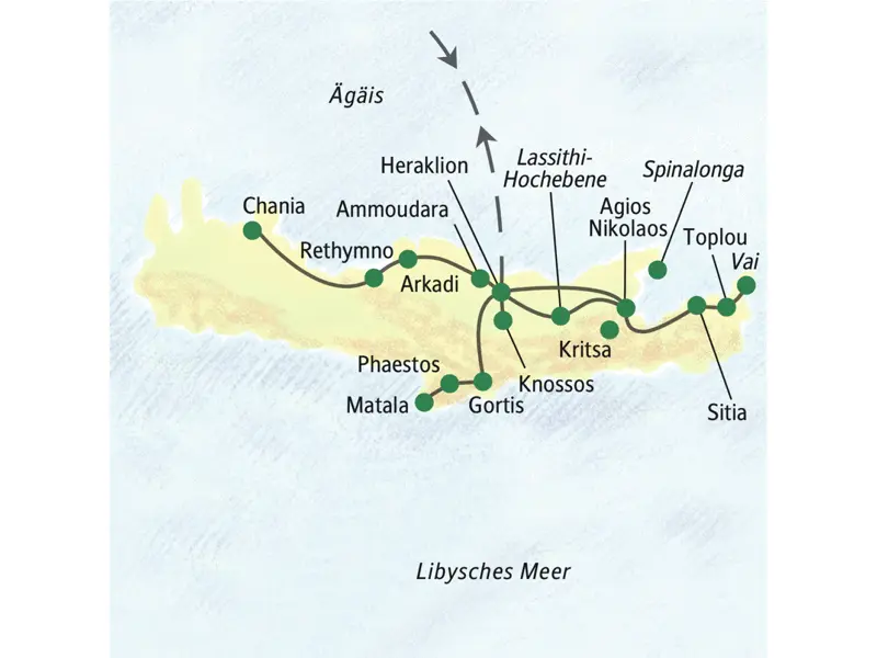 Die Reiseroute der Studienreise Kreta - Höhepunkte führt uns in die verschiedensten Ecken der Insel. Wir sehen Knossos, Matala, Spinalonga, Chania und vieles mehr.