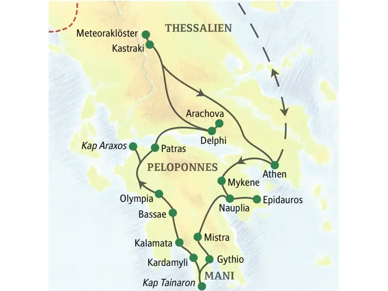 Unsere Reiseroute durch Griechenland startet in Athen und führt über Epidauros, Mykene, Mistras, die Mani, Kalamata und Olympia nach Delphi. Auch die Meteoraklöster erleben Sie auf dieser Wanderreise.