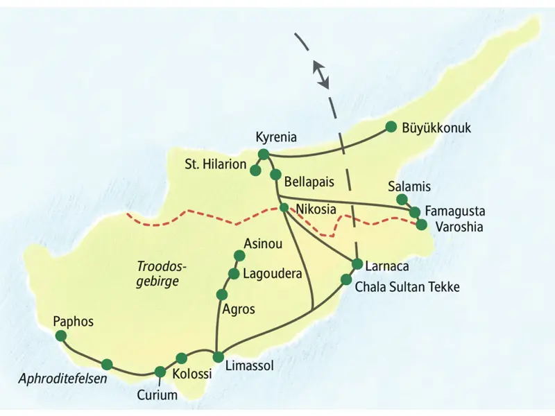 Unsere zehntägige Studienreise durch Zypern führt Sie zu den wichtigsten Sehenswürdigkeiten der drittgrößten Mittelmeerinsel, zum Beispiel die Bergfestung St. Hilarion, Famagusta, Larnaca und Paphos.