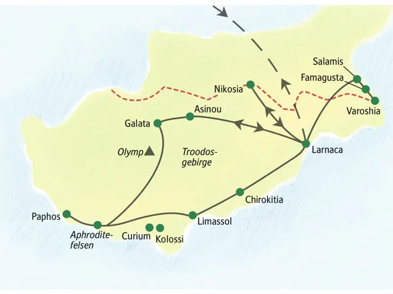 Die Reiseroute über die Insel Zypern startet in Larnaca und führt u.a. über Salamis, Nikosia, Galata, Paphos, Limassol und Chirokitia wieder zurück nach Larnaca.