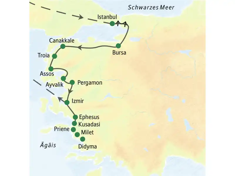 Die Landkarte zeigt die Reiseroute durch die Westtürkei: von Istanbul über Bursa an der Ägäisküste entlang nach Troia, Pergamon und Ephesus.